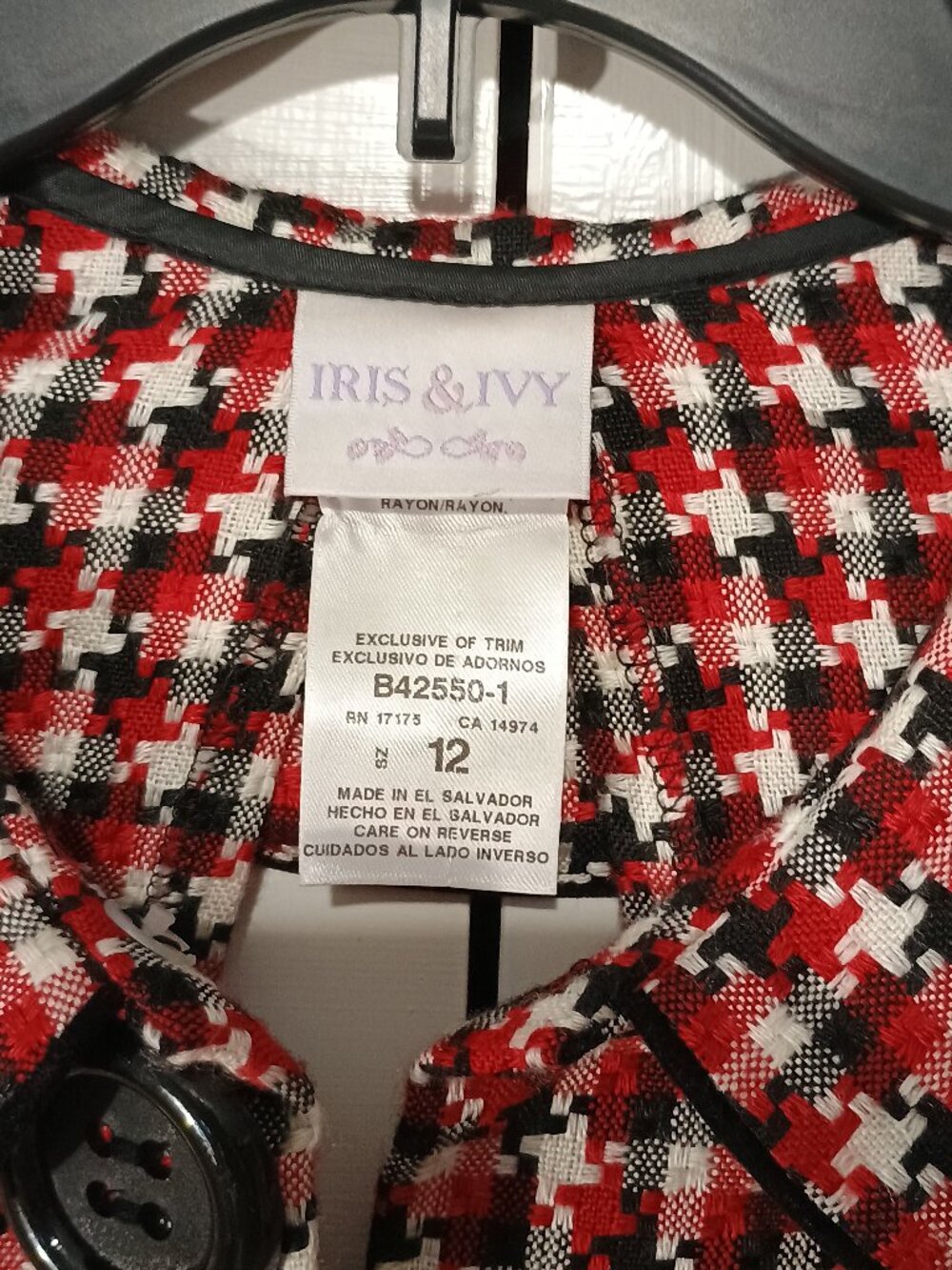 Iris & Ivy Girls Size 12 Red Black White Tweed Houndstooth Peter Pan Collar Coat - Picture 4 of 10